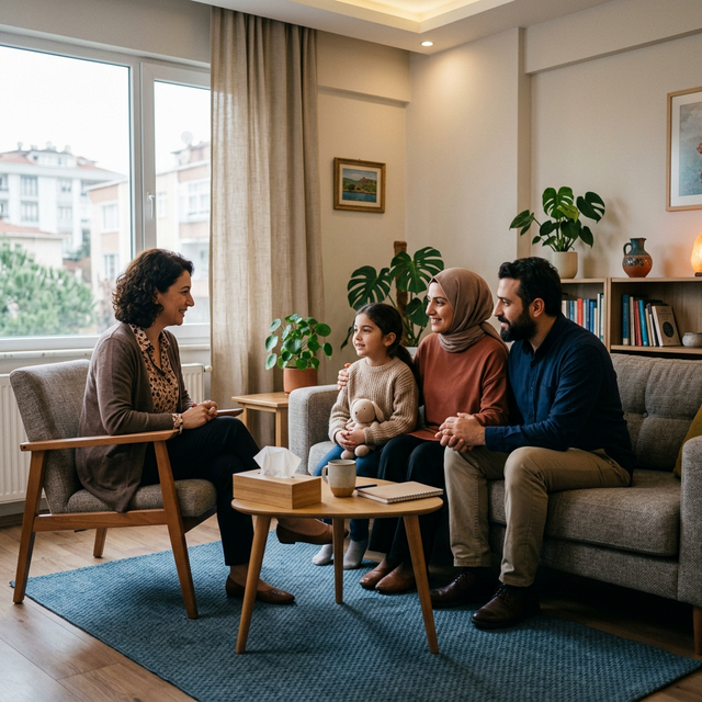 Aile danışmanlığı seansı - aile terapistle görüşüyor