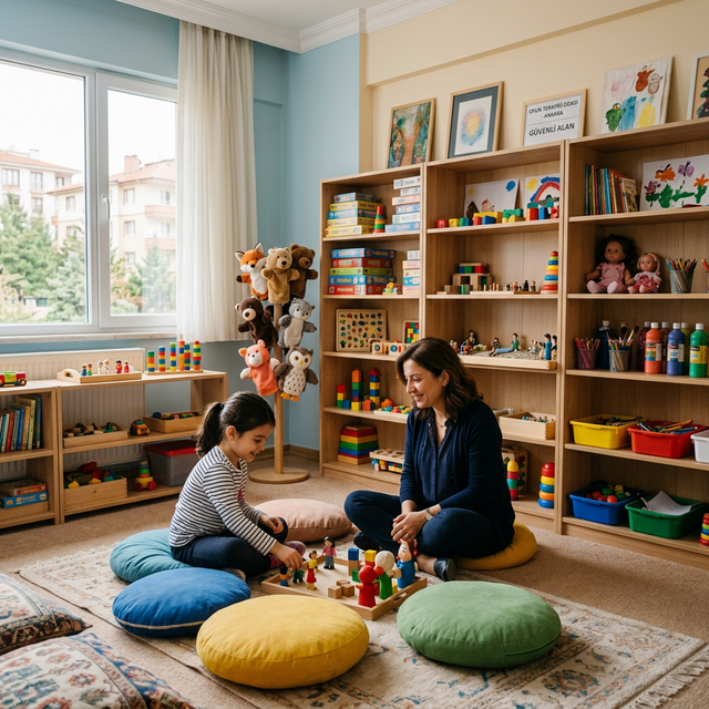 Oyun terapisi Ankara - terapist ve çocuk oyun odasında